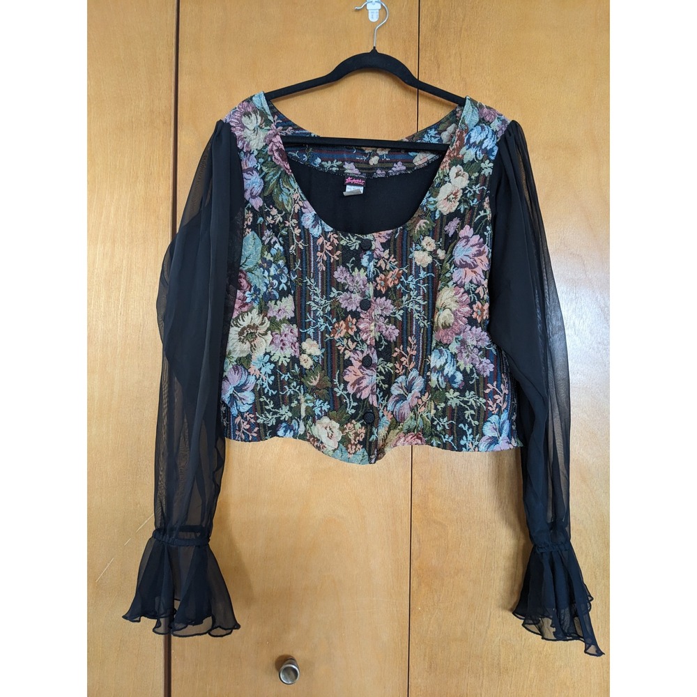 Vtg 90s Frederick's of Hollywood Tapestry Blouse 3X Sheer Bell Sleeve Whimsigoth